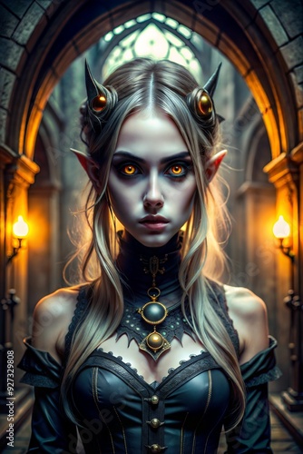 Mysterious figure with glowing eyes and ornate attire stands in a Gothic-style building with intricate architecture and stained glass windows. Generative AI