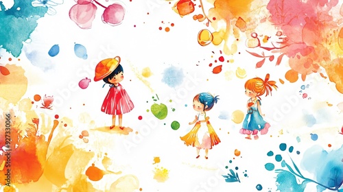 Colorful abstract watercolor background with playful blots featuring cartoon-style elements like flowers and joyful children, perfect for birthday and summer celebrations