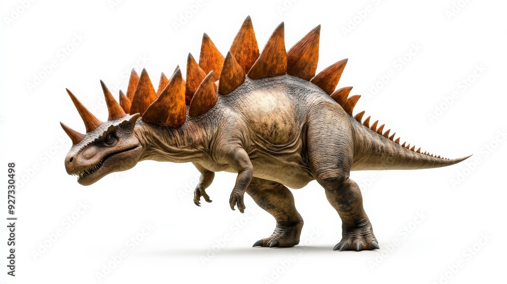 Realistic 3D rendering of a dinosaur with spiked plates on its back, walking against a white background. Perfect for educational uses. Realistic 3D rendering of a dinosaur with spiked plates on its back, walking against a white background. Perfect for educational uses.