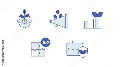 A set of icons representing sustainable business practices, focusing on eco-friendly operations, green marketing, growth, and secure business solutions. photo