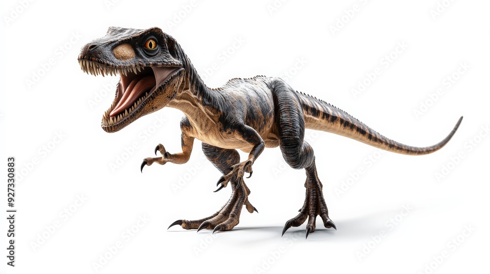 Obraz premium Realistic 3D rendering of a fierce dinosaur, showcasing detailed textures and menacing posture against a white background.