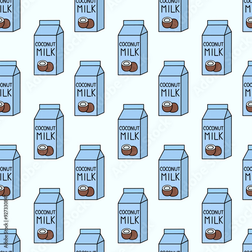 Seamless Pattern with Coconut Vegan milk. Box Carton packaging. Vector flat illustration.