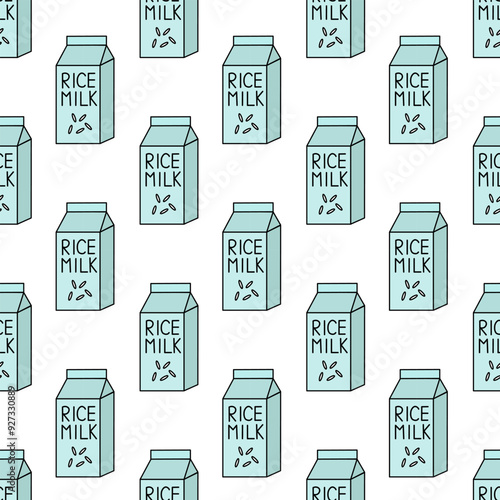 Seamless Pattern with Rice Vegan milk. Box Carton packaging. Vector flat illustration.
