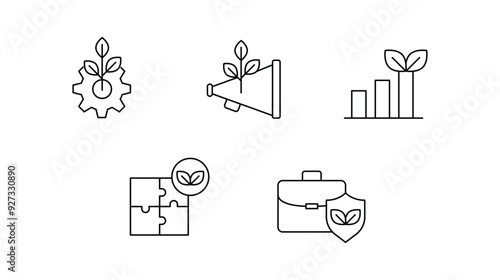 An icon set depicting the key aspects of sustainable business development, highlighting eco-friendly practices, growth strategies, secure operations, and green marketing. photo