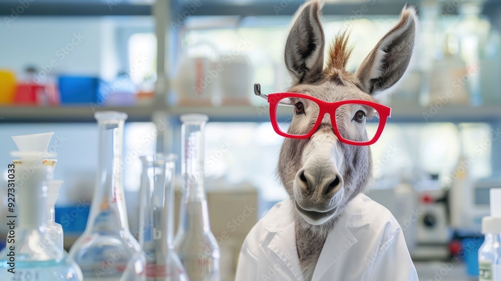 Funny imaginary image of a donkey wearing a white suit and red glasses in a science room. Funny imaginary image of a donkey wearing a white suit and red glasses in a science room.