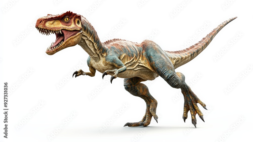Realistic 3D rendering of a fierce, roaring dinosaur in mid-motion against a white background, showcasing detailed texture and vibrant colors. Realistic 3D rendering of a fierce, roaring dinosaur in mid-motion against a white background, showcasing detailed texture and vibrant colors.