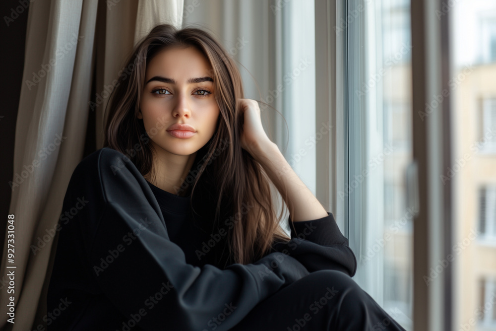 Adult woman sitting near window, dressed in a black sweatshirt, thoughtful and sad expression, in no mood or depressed Adult woman sitting near window, dressed in a black sweatshirt, thoughtful and sad expression, in no mood or depressed