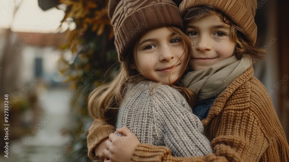Obraz premium Little siblings wearing knitted hats sit side by side smiling happily on a sofa in a living room.
