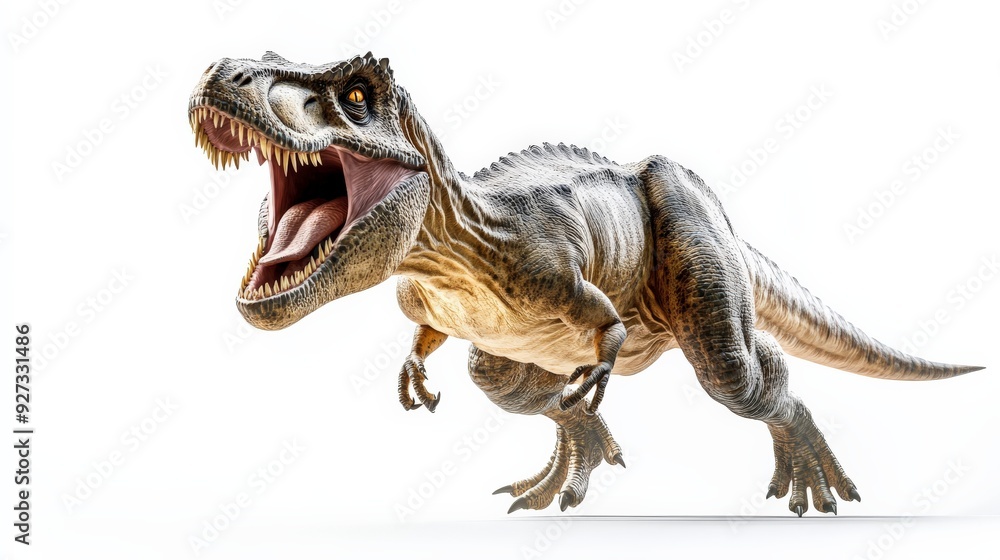 Realistic 3D rendering of a roaring Tyrannosaurus rex against a white background. Prehistoric creature, detailed, isolated. Realistic 3D rendering of a roaring Tyrannosaurus rex against a white background. Prehistoric creature, detailed, isolated.