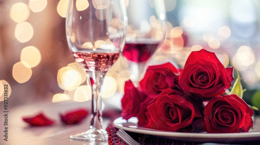 A luxurious wine-themed table setting decorated with romantic red roses under candlelight. A luxurious wine-themed table setting decorated with romantic red roses under candlelight.