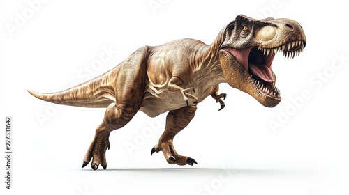 Realistic 3D rendering of a Tyrannosaurus Rex dinosaur roaring, showcasing its fierce appearance against a white background.