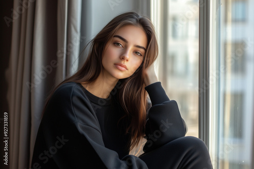 Free Download Adult woman sitting near window, dressed in a black sweatshirt, thoughtful and sad expression, in no mood or depressed - GFXLoad