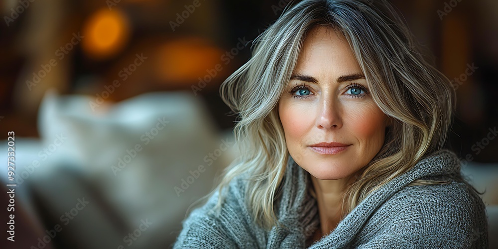 A serene, mature woman with blue eyes and blonde hair gazes at the camera in a cozy, warmly lit setting ideal for lifestyle, wellness, and beauty content, A serene, mature woman with blue eyes and blonde hair gazes at the camera in a cozy, warmly lit setting ideal for lifestyle, wellness, and beauty content,