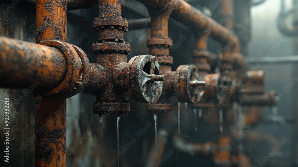 Rusty Pipes with Water Dripping in an Industrial Setting Rusty Pipes with Water Dripping in an Industrial Setting