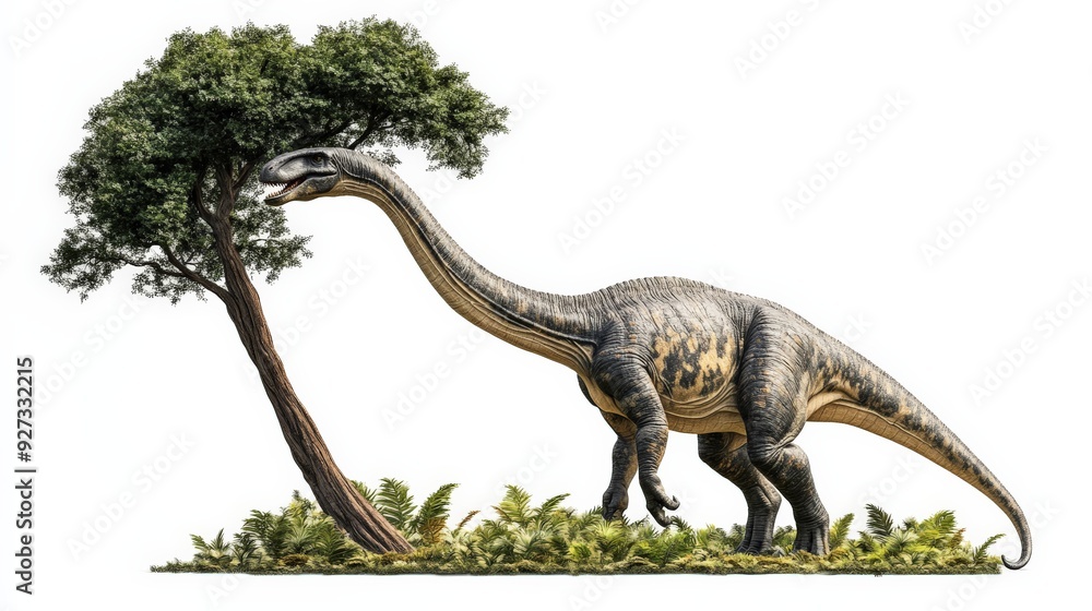 Fototapeta premium Realistic depiction of a long-necked dinosaur grazing on tree leaves in a prehistoric landscape, showcasing its massive size and detailed features.