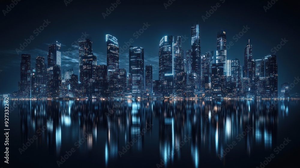 Nighttime Skyline with Cityscape Reflection Nighttime Skyline with Cityscape Reflection