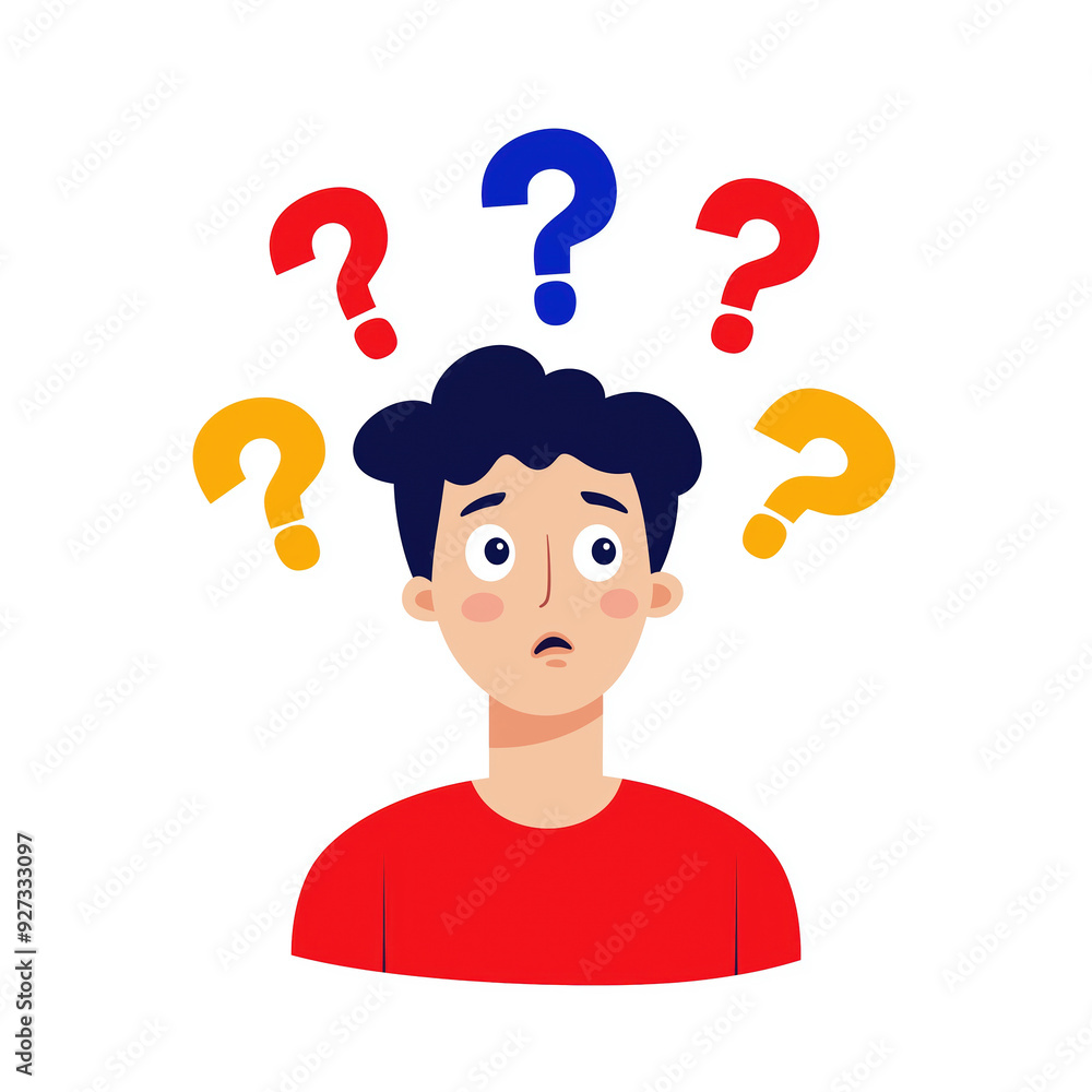 Confused young man with multiple question marks above his head, representing uncertainty and confusion in decision-making. Confused young man with multiple question marks above his head, representing uncertainty and confusion in decision-making.