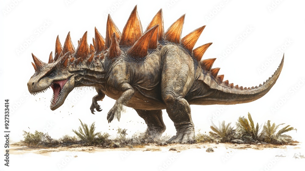 Fototapeta premium Realistic illustration of a spiked dinosaur walking across a prehistoric landscape, showcasing detailed features and vibrant colors.