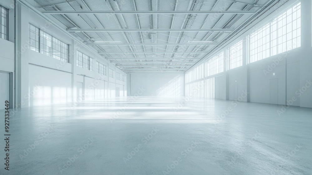 Empty Industrial Warehouse with Sunlight Streaming Through Windows Empty Industrial Warehouse with Sunlight Streaming Through Windows
