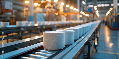 Toilet paper rolls on an industrial conveyor belt with an indoor light source and a fuzzy background with space on it for textual use, Generative AI.