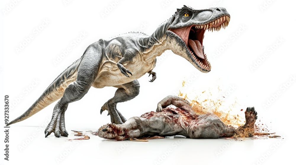 Fototapeta premium Realistic model dinosaur attacking another dinosaur with open mouth and blood on white background, showcasing predator-prey dynamics.