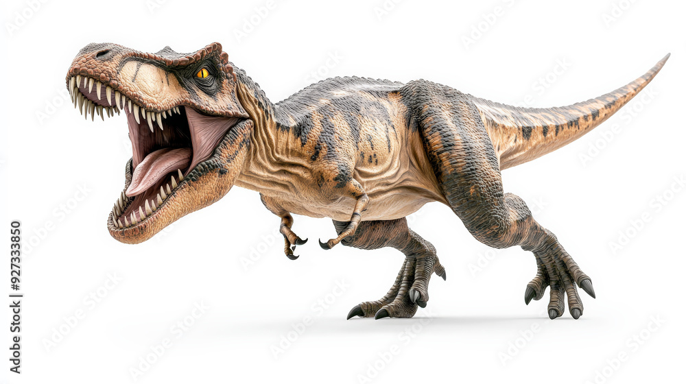 Naklejka premium Realistic model of a roaring T-Rex dinosaur on a white background, perfect for educational and entertainment purposes.