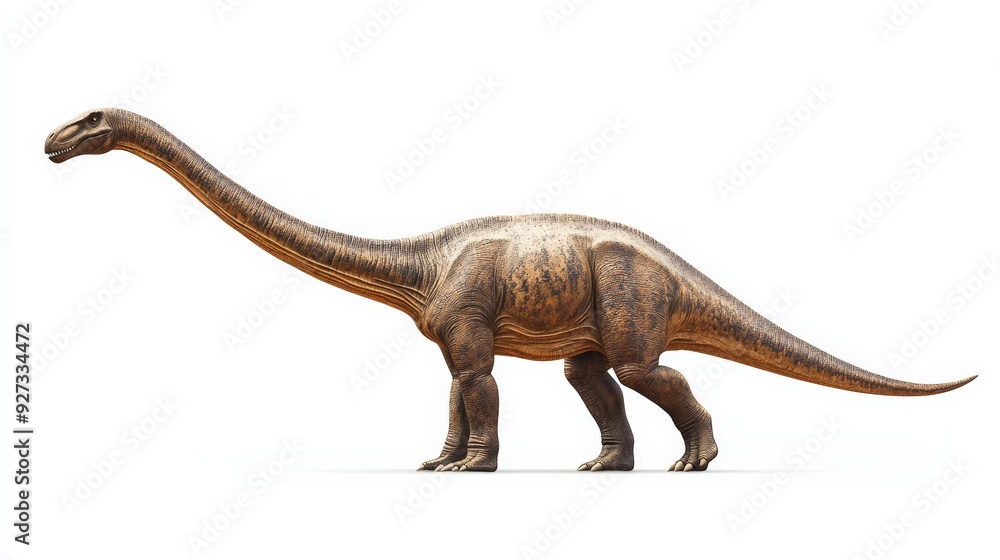 Fototapeta premium Realistic rendering of a long-necked dinosaur in profile view against a white background, showcasing its impressive size and features.