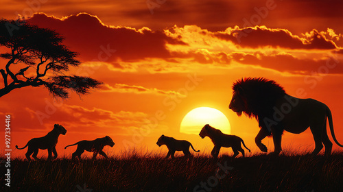 Silhouettes of a lion family against a vibrant sunset in the African savanna, capturing the majestic beauty of wildlife in their natural habitat.