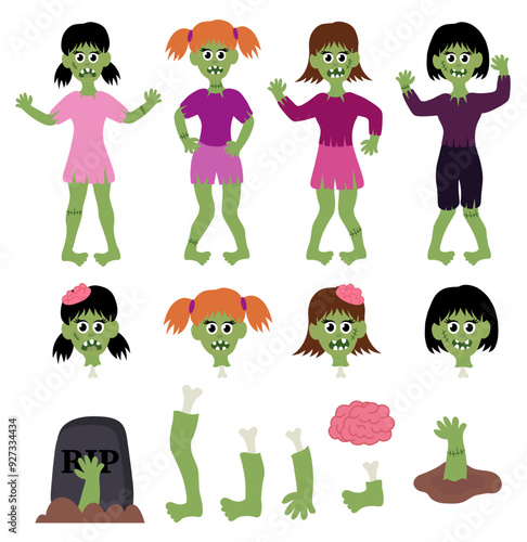 Big collection of zombie girls. Halloween Set. Cartoon Flat Vector illustration.