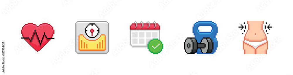 Fototapeta premium Fitness and sport. Healthy lifestyle, diet, workout. Vector pixel style icons set.