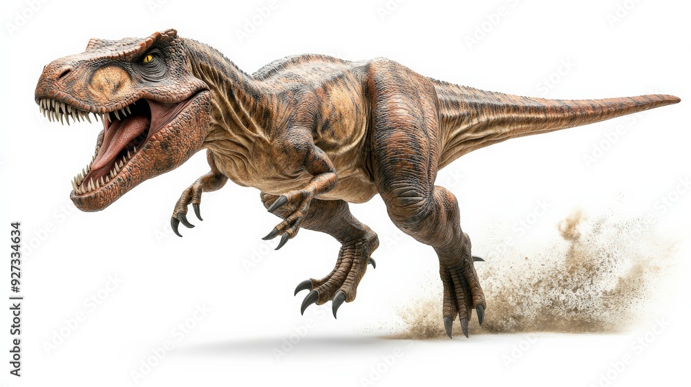 Realistic T-Rex dinosaur charging forward, showcasing detailed texture and dynamic motion on a white background. Realistic T-Rex dinosaur charging forward, showcasing detailed texture and dynamic motion on a white background.