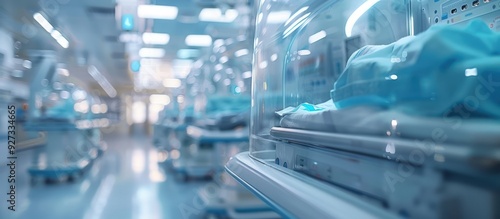 incubators infant baby empty close up shot blur hospital room background birth rate problem social issue futuristic