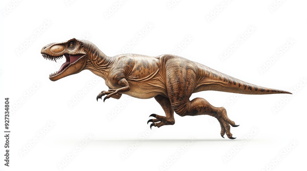 Fototapeta premium Realistic Tyrannosaurus Rex dinosaur in motion, isolated on a white background. Prehistoric animal illustration for educational or design use.