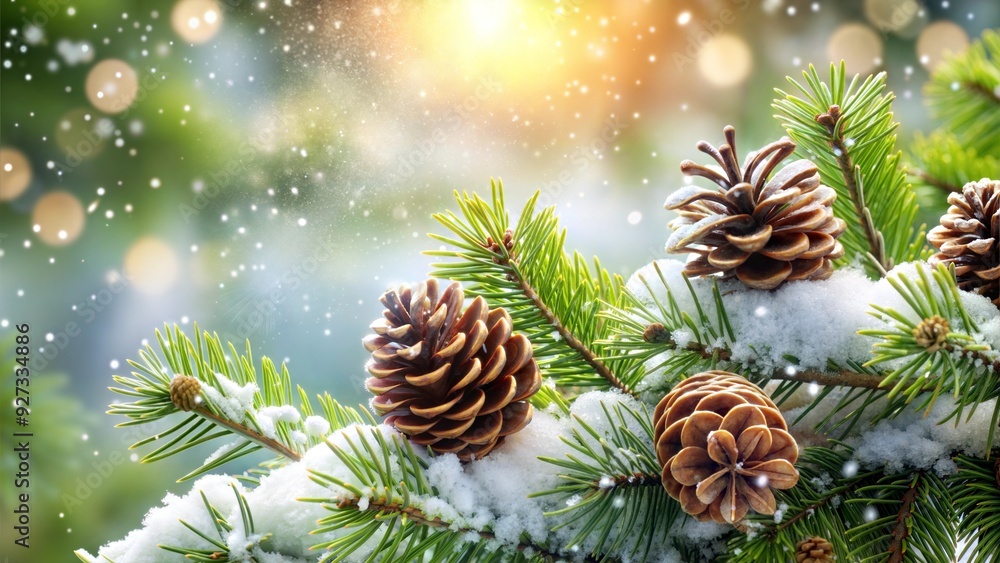 Pinecones and Snow-Covered Pine Branches with Glowing Holiday Lights Pinecones and Snow-Covered Pine Branches with Glowing Holiday Lights