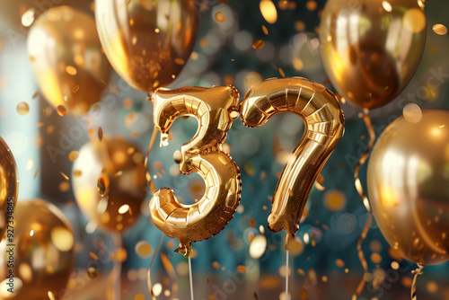 Happy 37th Birthday or Happy 37th Anniversary Golden helium filled balloons with party background photo