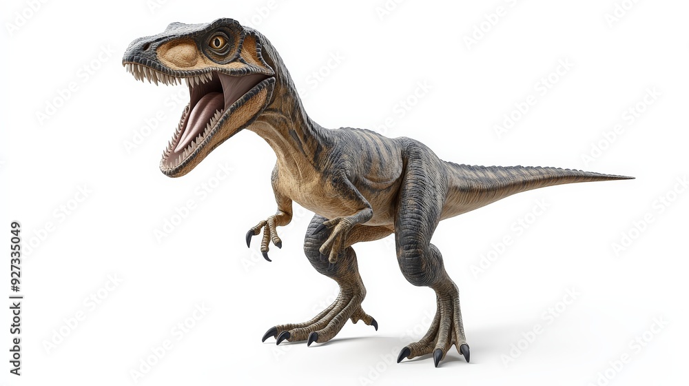 Realistic velociraptor dinosaur toy model with detailed textures, standing against a white background, showcasing a fierce prehistoric predator. Realistic velociraptor dinosaur toy model with detailed textures, standing against a white background, showcasing a fierce prehistoric predator.