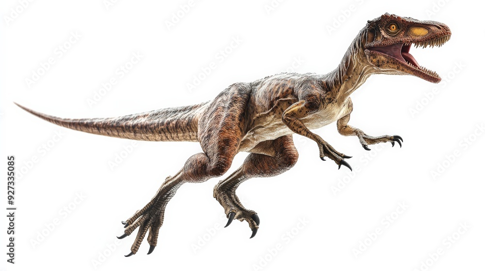 Fototapeta premium Realistic visualization of a ferocious raptor dinosaur against a white background, showcasing detailed features and dynamic pose.