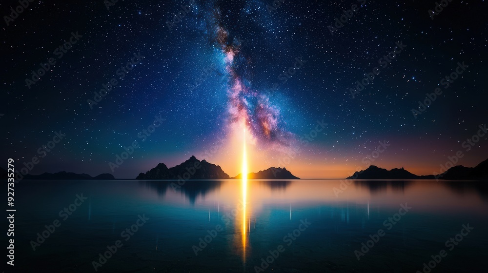 A motionless body of water reflects a light pillar, and the Milky Way is visible in the distance. A motionless body of water reflects a light pillar, and the Milky Way is visible in the distance.