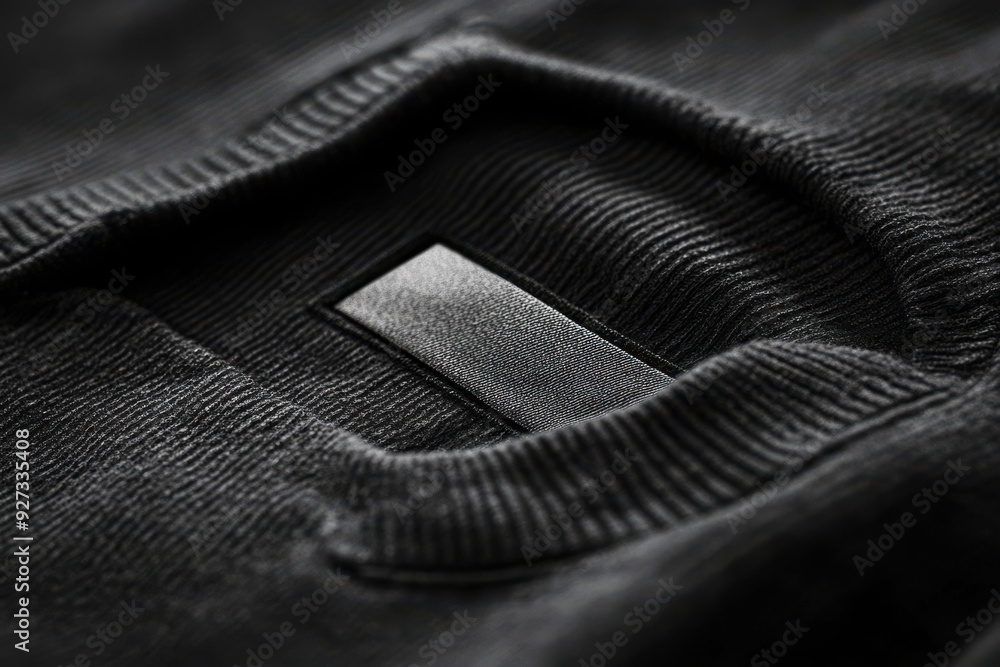 white label on a black sweatshirt, showcasing its texture and details white label on a black sweatshirt, showcasing its texture and details