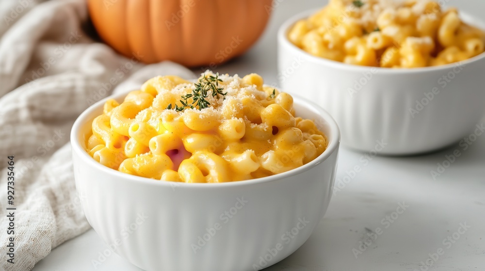 A crisp white background with two lovely pumpkin mac and cheese bowls with a big space on it and a close shot for text or background use, Generative AI. A crisp white background with two lovely pumpkin mac and cheese bowls with a big space on it and a close shot for text or background use, Generative AI.