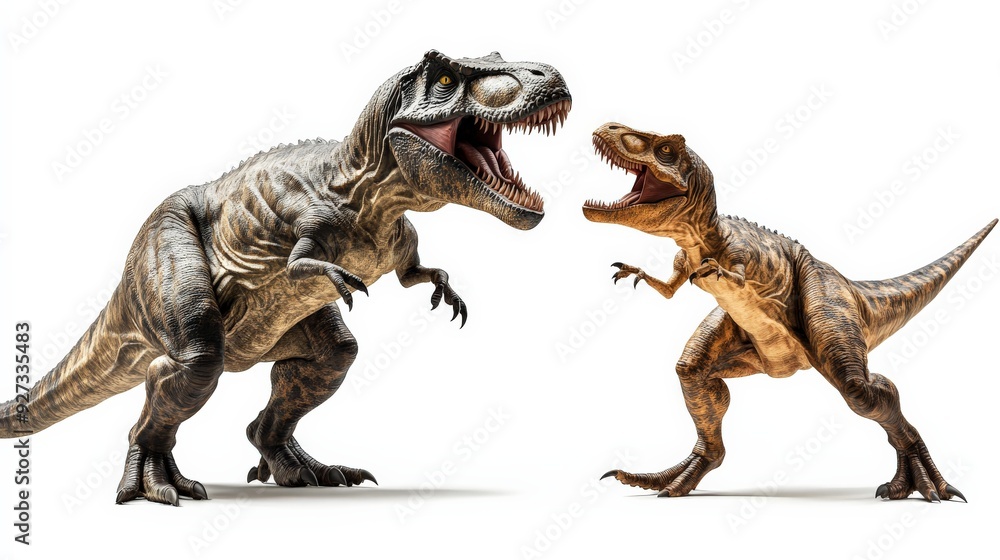 Fototapeta premium Two detailed dinosaur models facing off against each other on a white background, showcasing realistic textures and features.