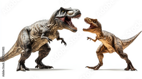 Two detailed dinosaur models facing off against each other on a white background, showcasing realistic textures and features.