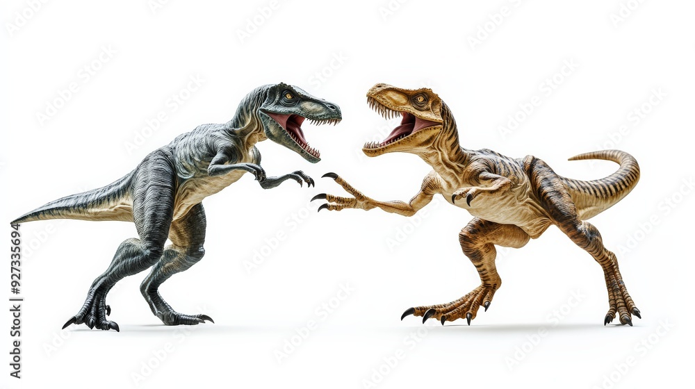 Fototapeta premium Two dinosaur models posed in a dynamic stance against a white background, highlighting their sharp features and prehistoric essence.