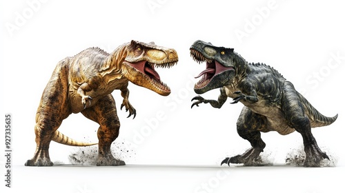 Two dinosaur models facing off in an epic battle stance, showcasing detailed textures and fierce expressions, isolated on white background.