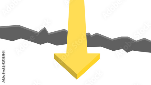 Arrow passing over a crack in the ground.. Concept of overcoming obstacles and difficulties along the way.