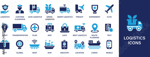 Logistics best soild icon set. Containing distribution, shipping, transportation, delivery, cargo, freight, route planning, supply chain, export, icon symbol, freight transportation, occupation.