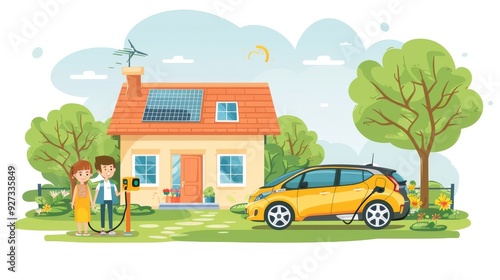 Cartoon vector family using electric vehicles and renewable energy at home