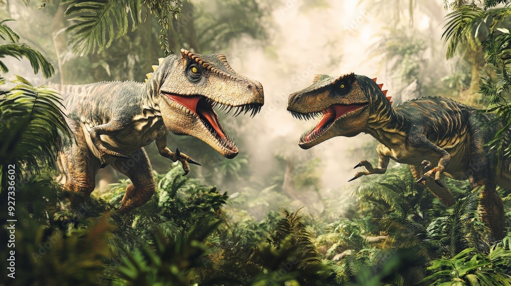 Obraz premium Two fierce dinosaurs confront each other in a dense prehistoric jungle, shrouded in mist, showcasing their formidable presence.