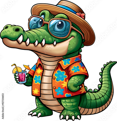 a crocodile in a bright shirt and a straw hat holds a glass of cocktail in his paw