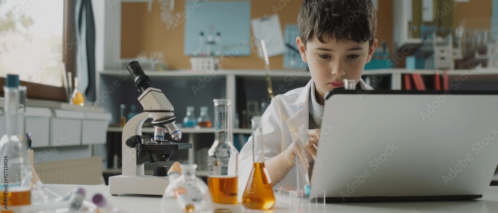 A young boy in a white lab coat, deeply focused on his work, uses a laptop in a science lab with a microscope and various chemical flasks around him. A young boy in a white lab coat, deeply focused on his work, uses a laptop in a science lab with a microscope and various chemical flasks around him.